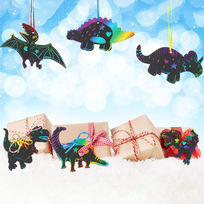120pcs Scratch Dinosaur Craft Art Kits for Kids with 48 Scratch Dinosaur Paper24 Wooden Styluses and 48 Ribbons for Theme Birthday Party Game Supplies