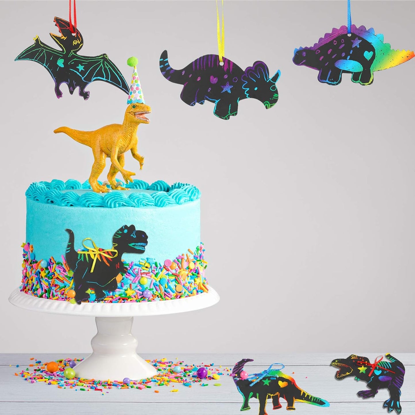 120pcs Scratch Dinosaur Craft Art Kits for Kids with 48 Scratch Dinosaur Paper24 Wooden Styluses and 48 Ribbons for Theme Birthday Party Game Supplies