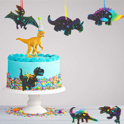 120pcs Scratch Dinosaur Craft Art Kits for Kids with 48 Scratch Dinosaur Paper24 Wooden Styluses and 48 Ribbons for Theme Birthday Party Game Supplies