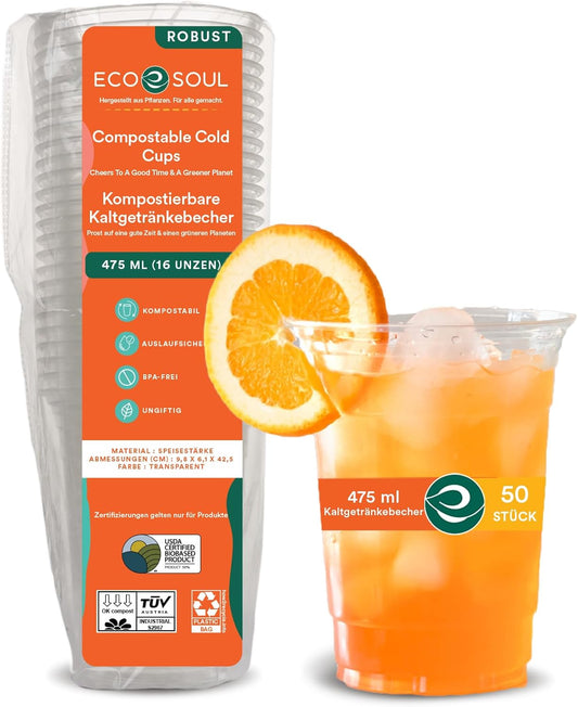 16 Oz Plant-Based Disposable Party Cups, (50 Pack, Clear) | Zero Plastic Glass, Compostable, BPA-Free, Cold Drink Safe, Eco-Friendly, Ideal for Parties & Events,USDA 98% certified