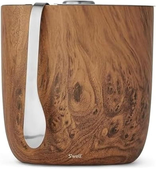 Stainless Steel Ice Bucket with Tongs, 68oz Capacity, Teakwood Pattern Finish, Triple-Layer Vacuum Insulated to Keep Ice Colder Longer, BPA-Free Barware