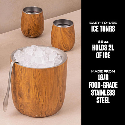 Stainless Steel Ice Bucket with Tongs, 68oz Capacity, Teakwood Pattern Finish, Triple-Layer Vacuum Insulated to Keep Ice Colder Longer, BPA-Free Barware