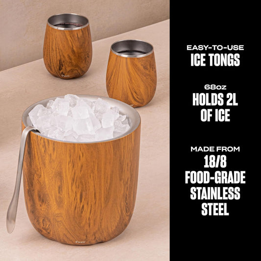 Stainless Steel Ice Bucket with Tongs, 68oz Capacity, Teakwood Pattern Finish, Triple-Layer Vacuum Insulated to Keep Ice Colder Longer, BPA-Free Barware