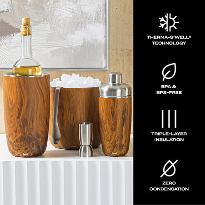 Stainless Steel Ice Bucket with Tongs, 68oz Capacity, Teakwood Pattern Finish, Triple-Layer Vacuum Insulated to Keep Ice Colder Longer, BPA-Free Barware