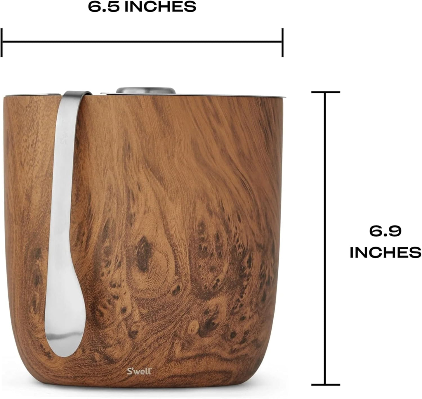 Stainless Steel Ice Bucket with Tongs, 68oz Capacity, Teakwood Pattern Finish, Triple-Layer Vacuum Insulated to Keep Ice Colder Longer, BPA-Free Barware