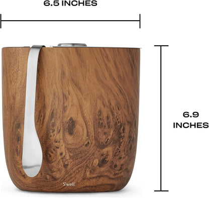 Stainless Steel Ice Bucket with Tongs, 68oz Capacity, Teakwood Pattern Finish, Triple-Layer Vacuum Insulated to Keep Ice Colder Longer, BPA-Free Barware