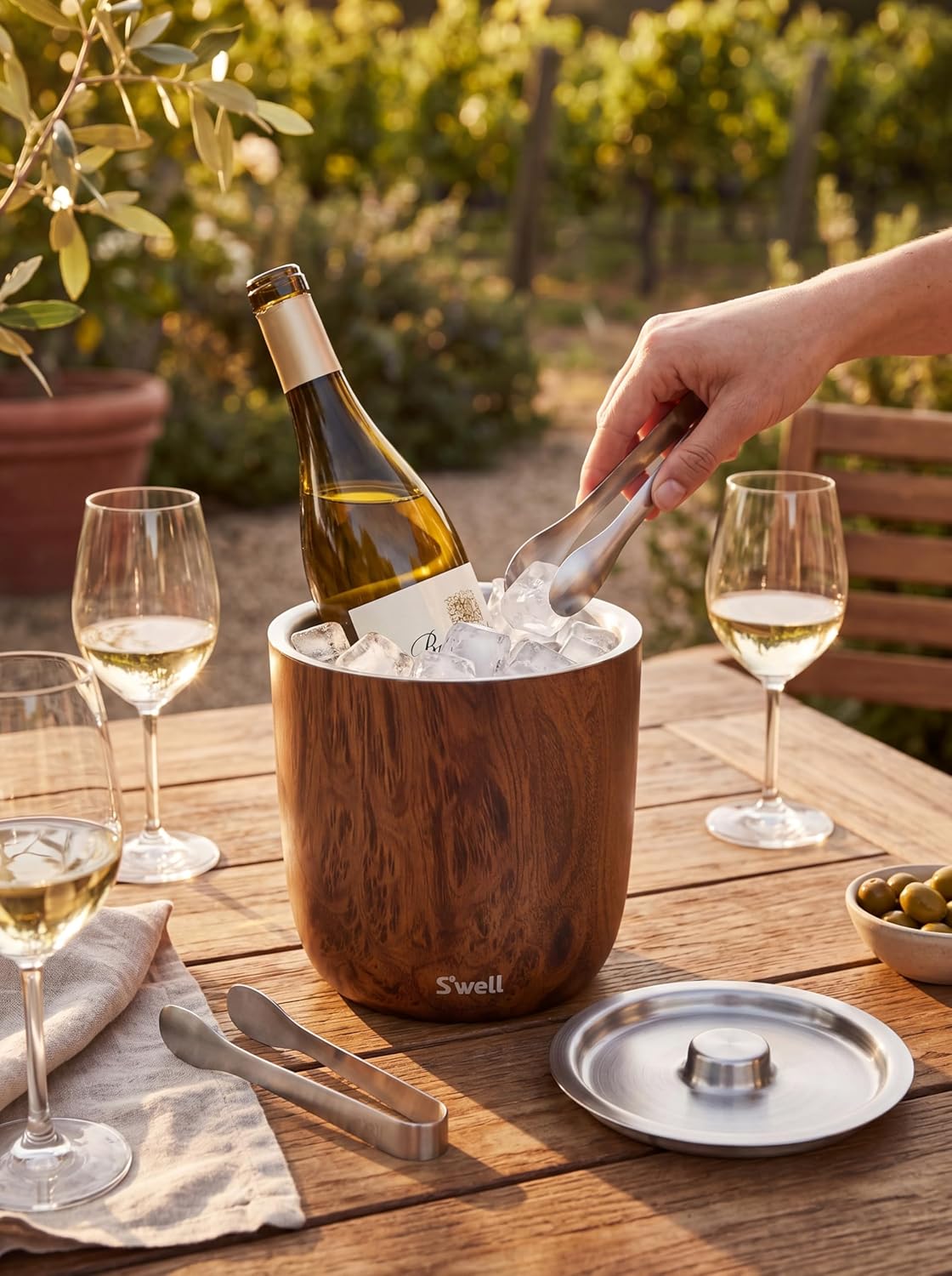 Stainless Steel Ice Bucket with Tongs, 68oz Capacity, Teakwood Pattern Finish, Triple-Layer Vacuum Insulated to Keep Ice Colder Longer, BPA-Free Barware
