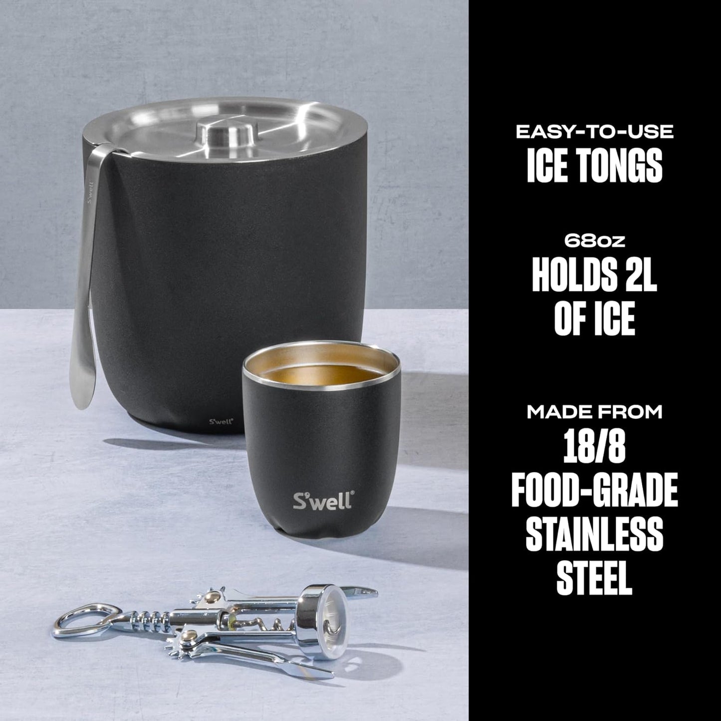 Stainless Steel Ice Bucket with Tongs, 68oz Capacity, Teakwood Pattern Finish, Triple-Layer Vacuum Insulated to Keep Ice Colder Longer, BPA-Free Barware